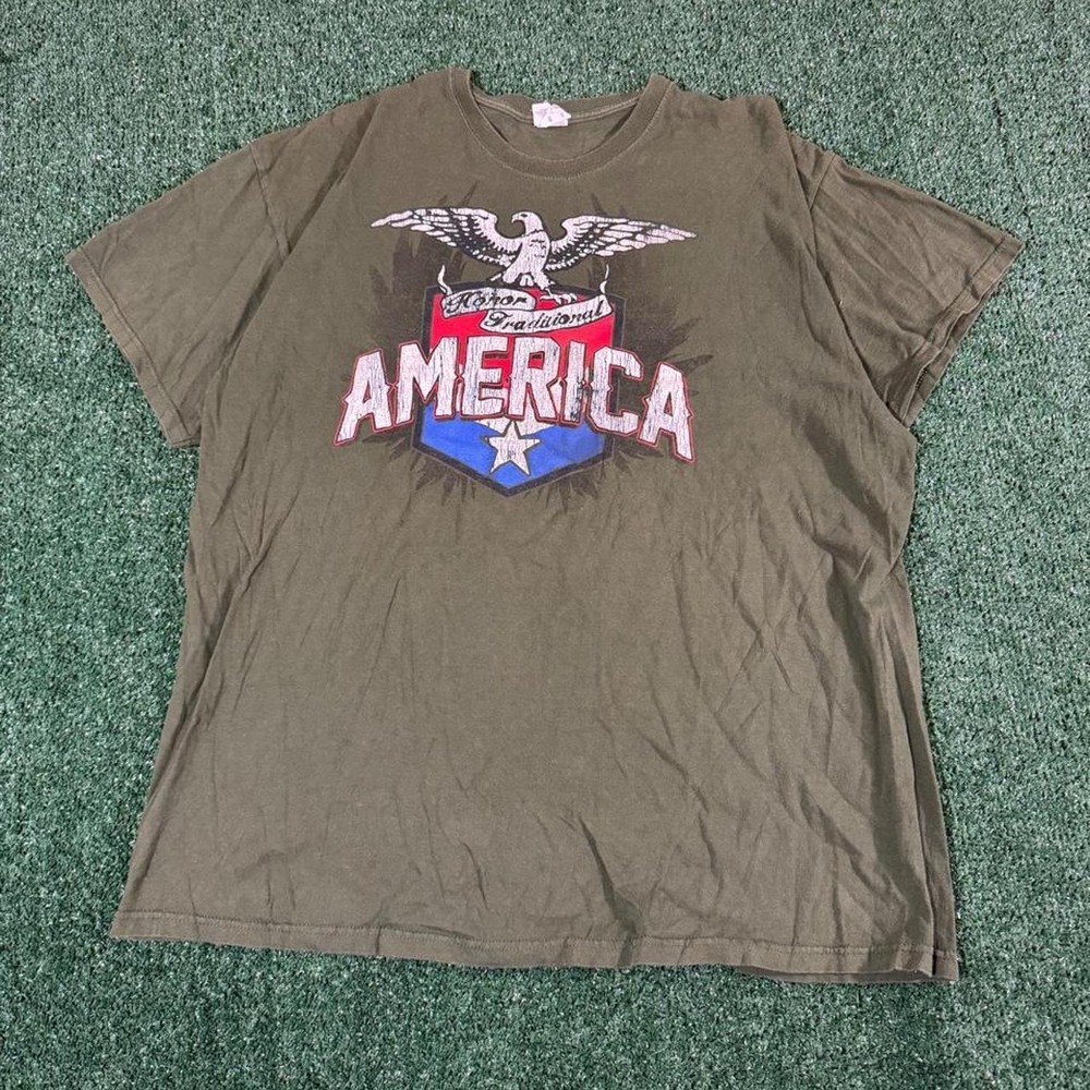 Jerzees Mens 2XL America Eagle Graphic Tee Olive Green Oversized T-Shirt